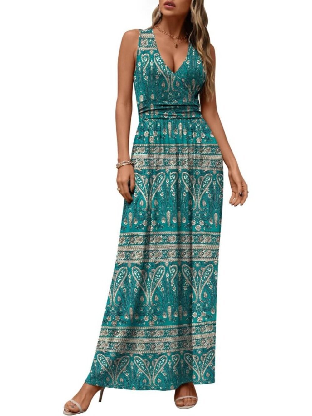 Women's Blue Khaki Sleeveless Summer Casual Formal Long Pockets  Maxi Dress